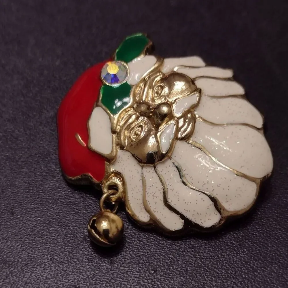 Vintage gold tone Santa brooch red green white rhinestone